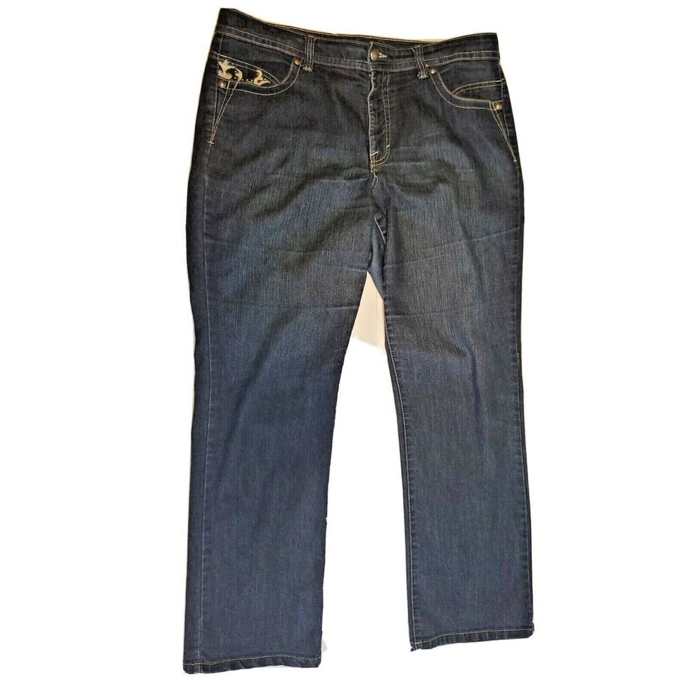Women's Jeans Sz 16 High Waist Embroider Pockets Dark Wash Denim Straight Leg